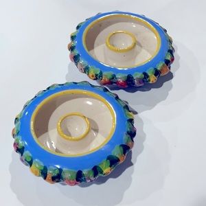 2 Ceramic Vintage Round Dish Candle/Taper Holders Italy Multicolor Floral